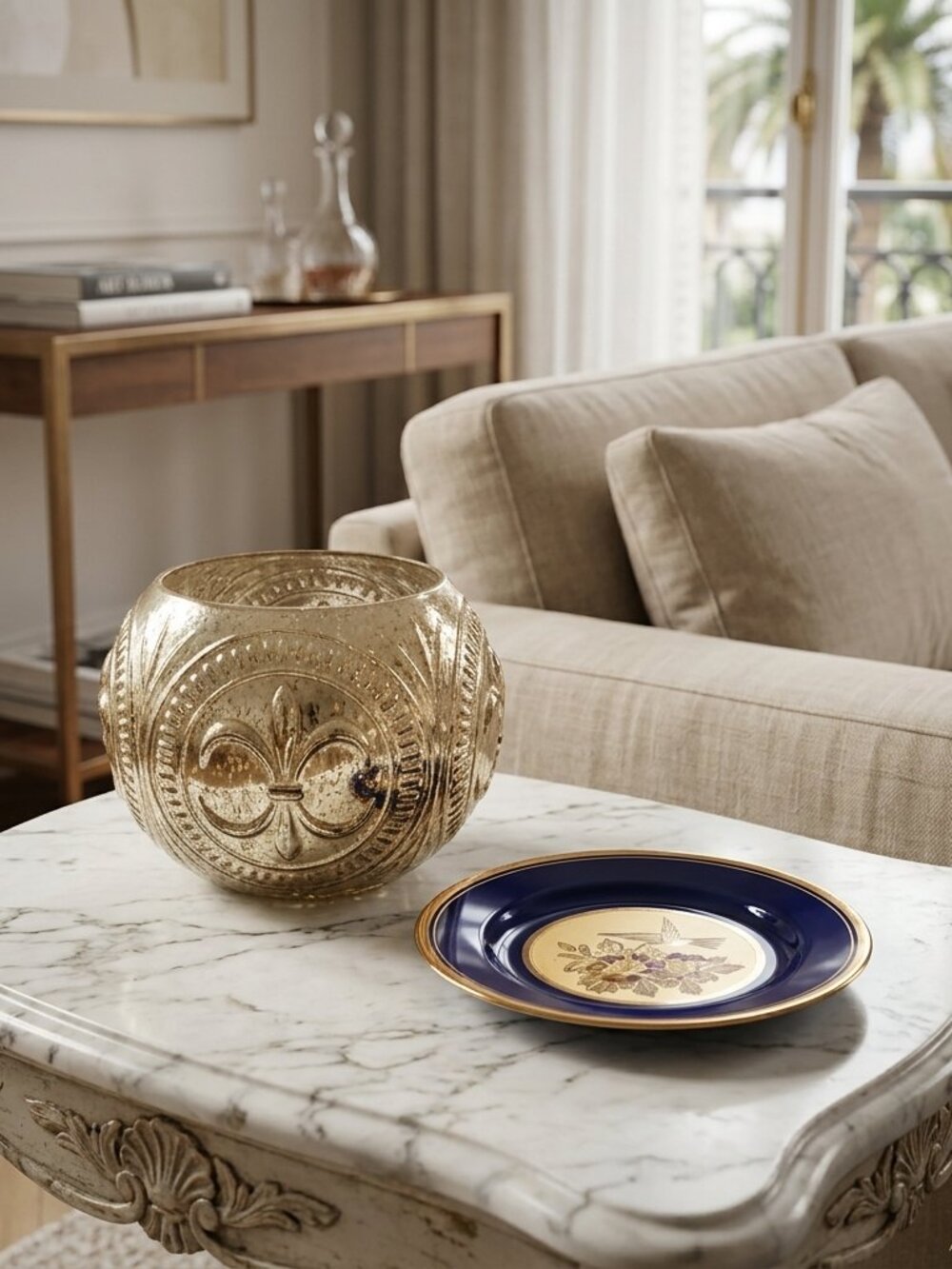 Bundle: Hummingbird Cobalt Blue Japanese Chokin Plate & Fleur de Lis Gold Bowl